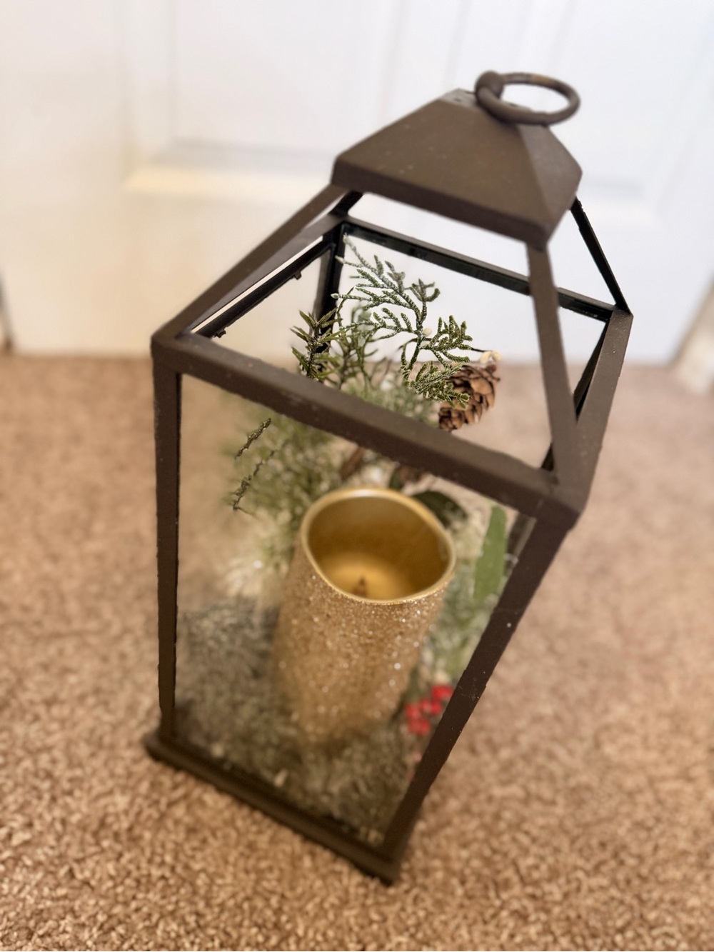 Black Metal Holiday Lantern with Gold Glitter Candle Accent